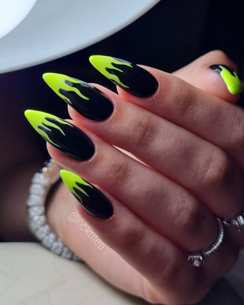 Black Nails With Neon Flames