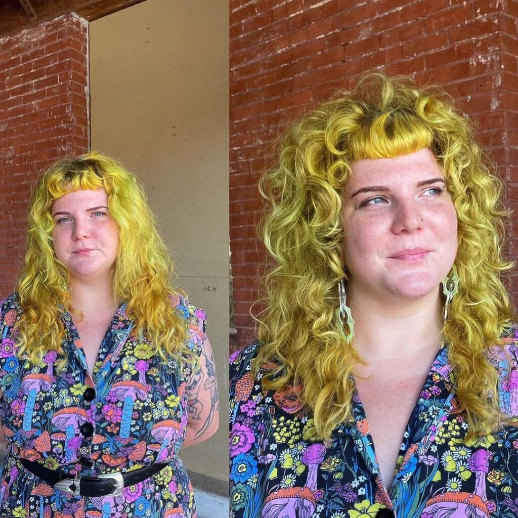Curly Yellow Shag With Bettie Bangs