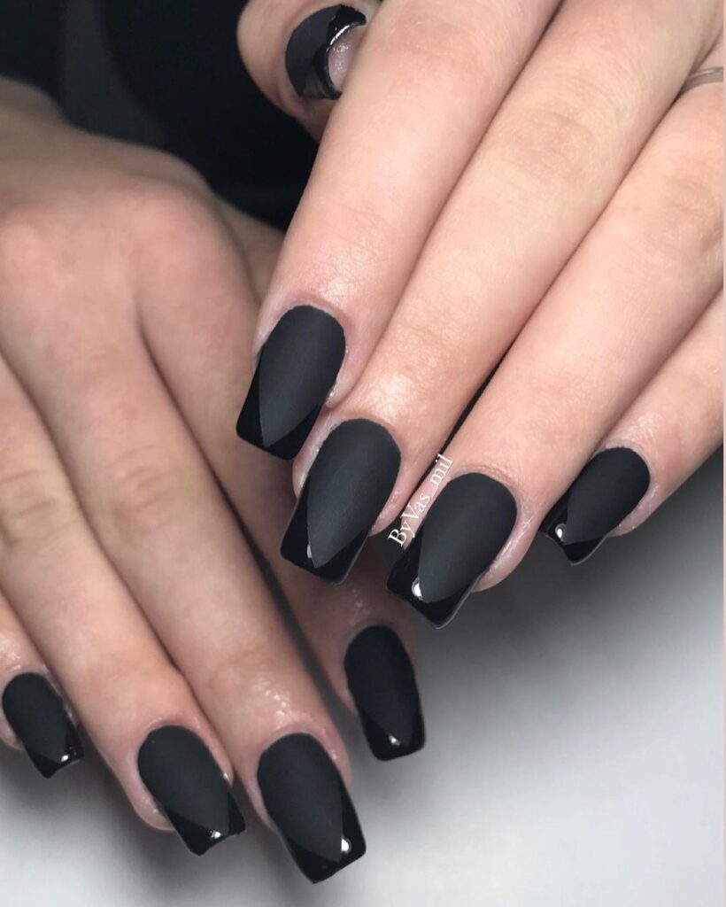 Matte Black Nails With Shiny Black French