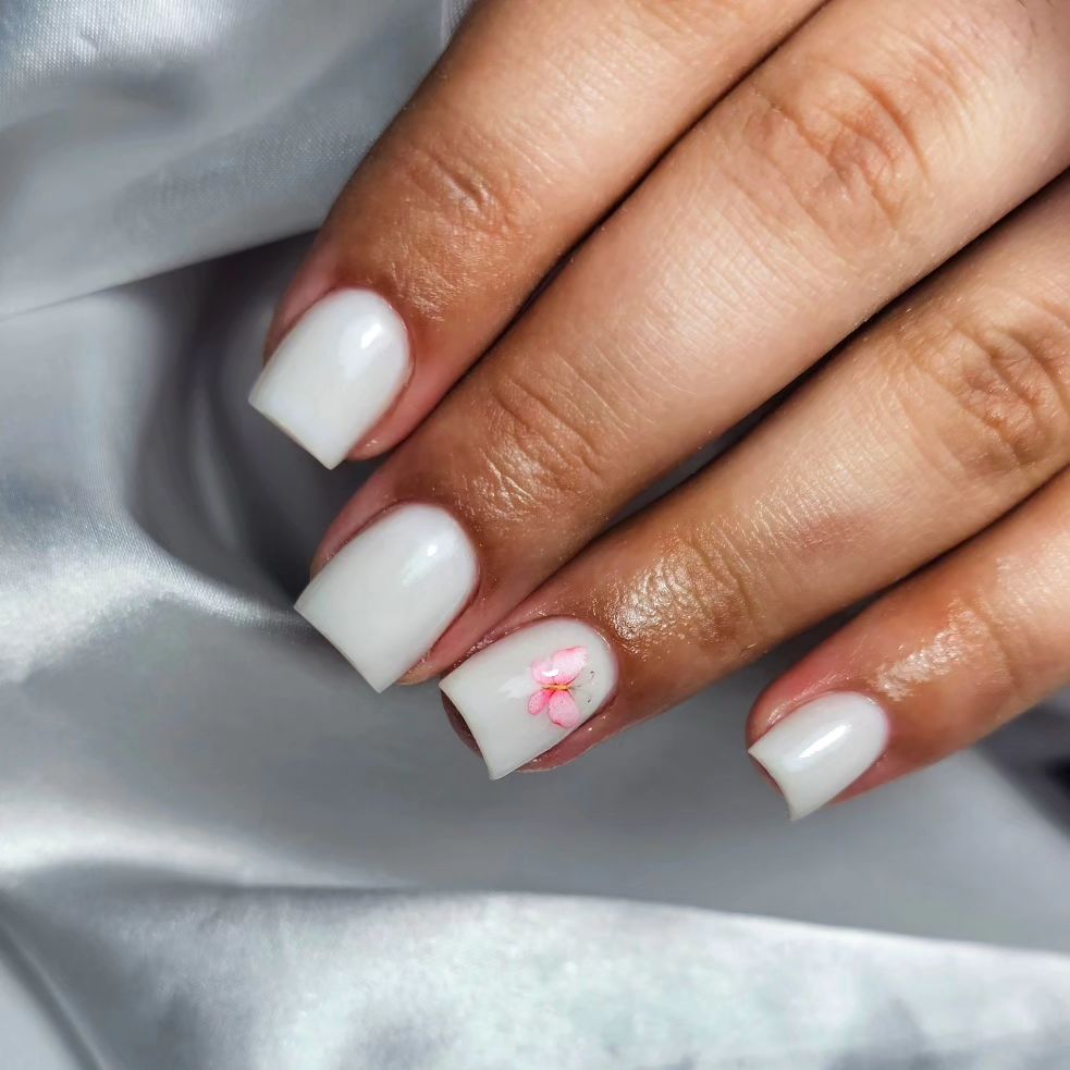 Simple White Nails With A Pink Butterfly 