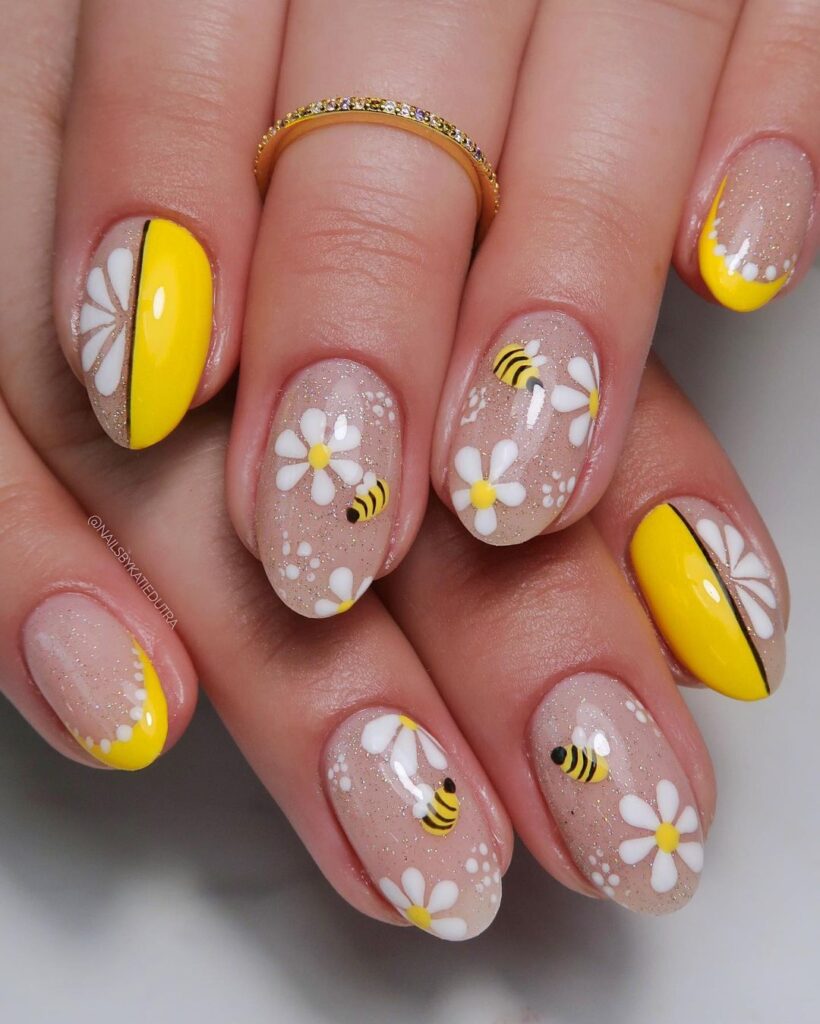 bees and flowers yellow nails
