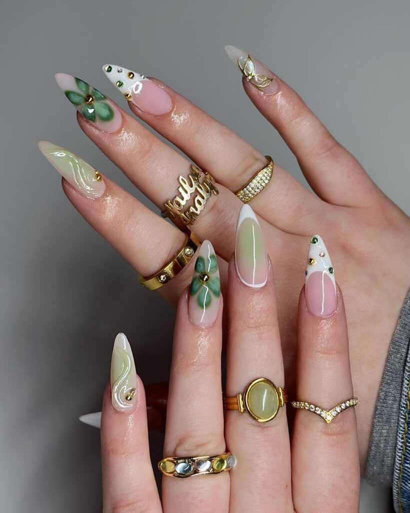 green and white spring nails