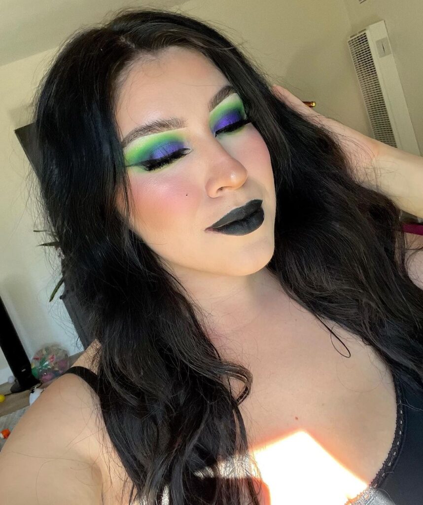 green violet and black clean goth makeup
