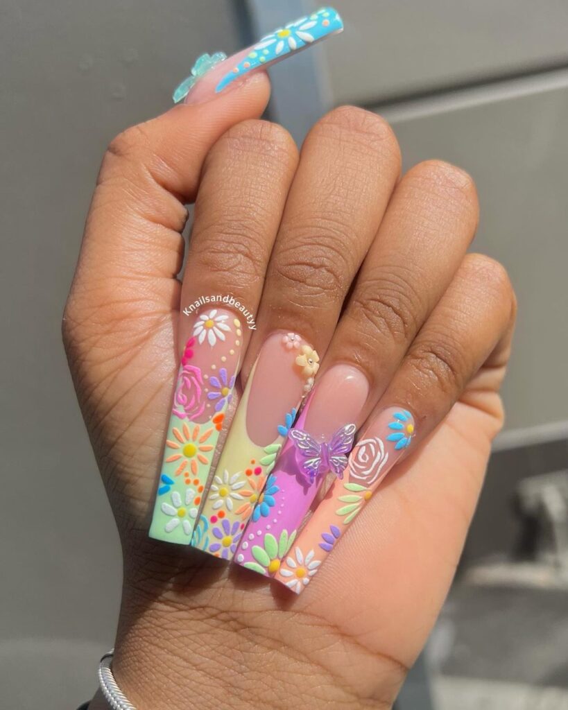 multicolored acrylic spring nails