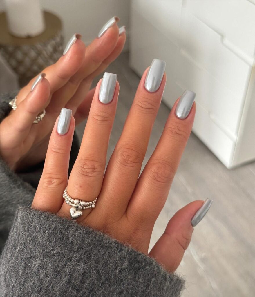 short square gray chrome nails