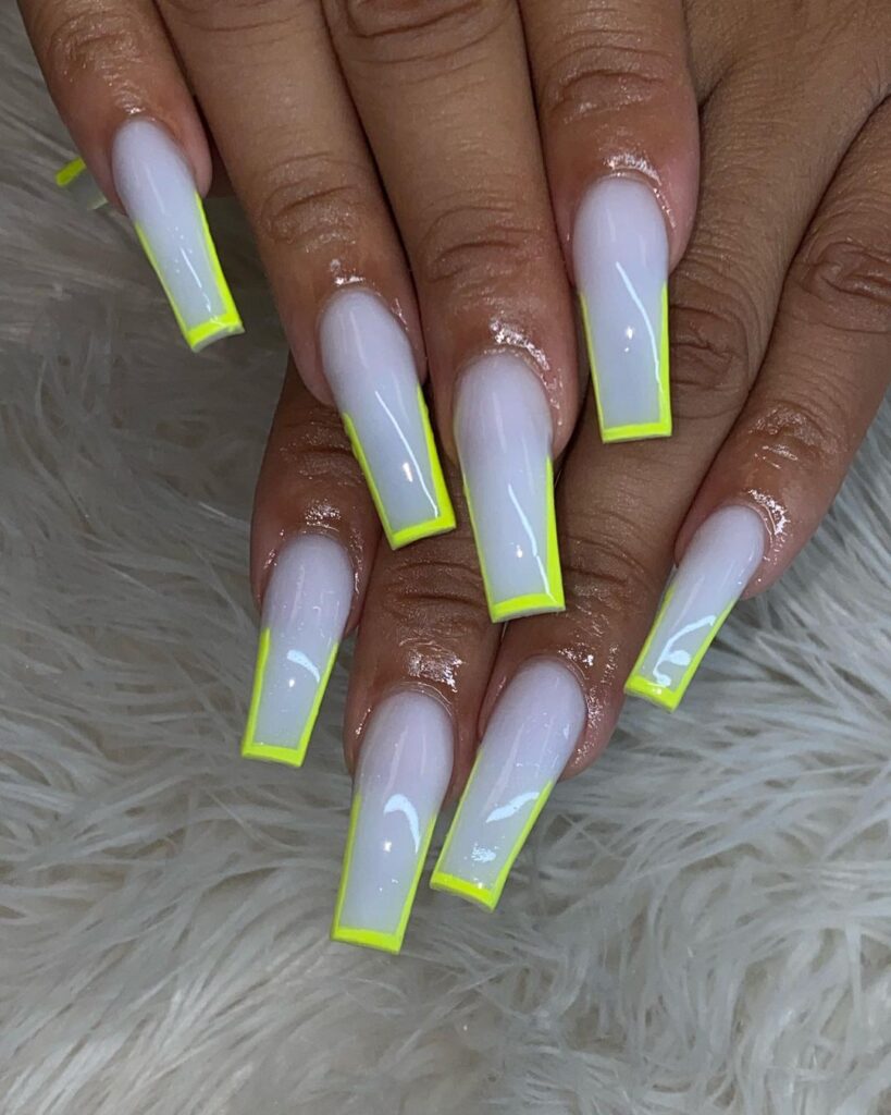 yellow outline on milky white nails