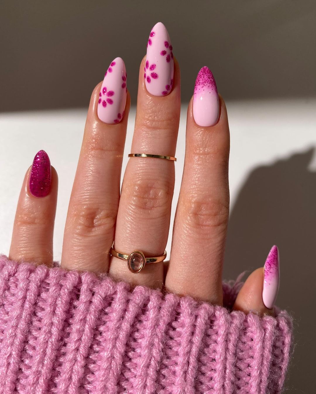 glittery spring pink nails