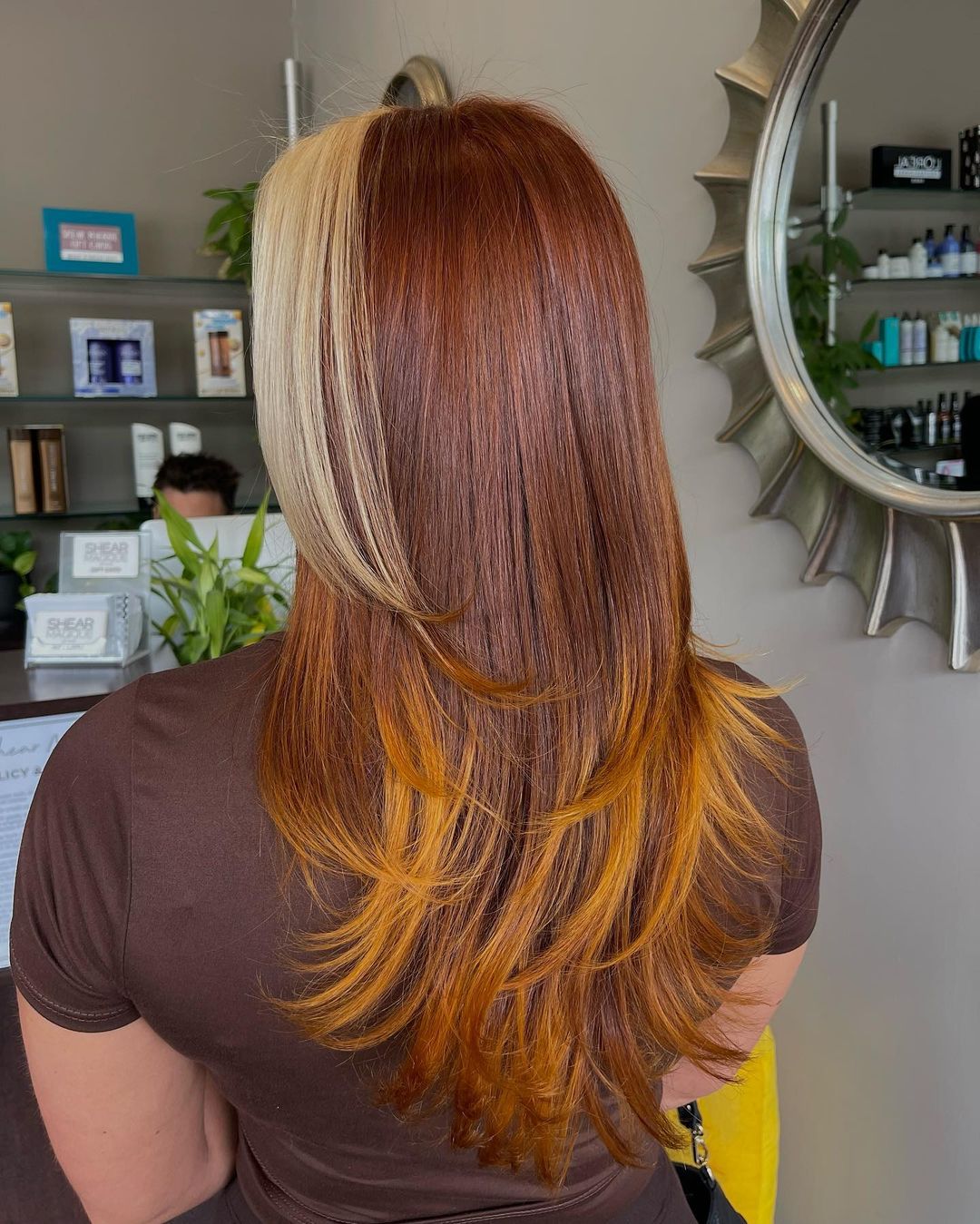 cheveux auburn cuivrés avec des pièces d'argent