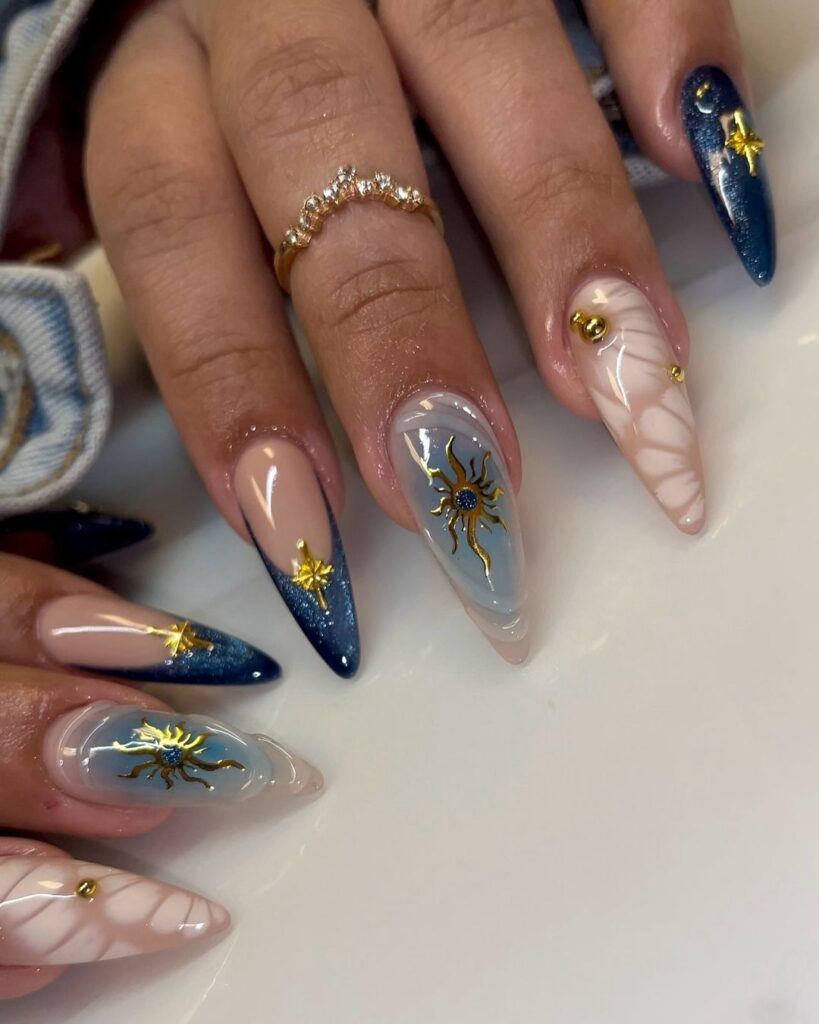 Blue And Gold Cat-Eye Nails