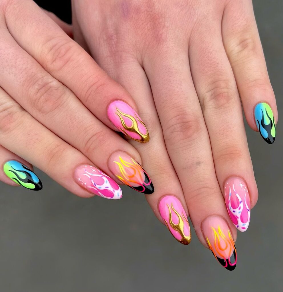 Bright Neon Flame Nails