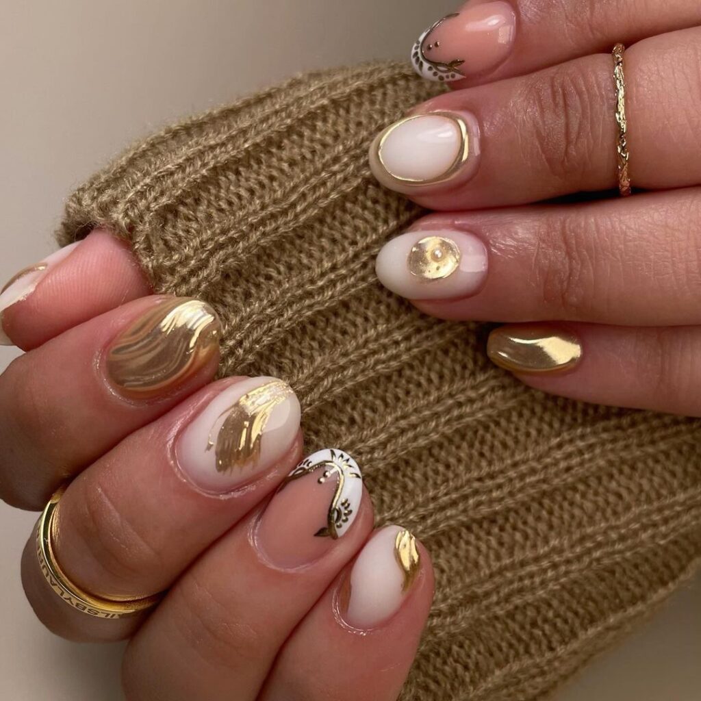 Milky White Nails With Golden Details