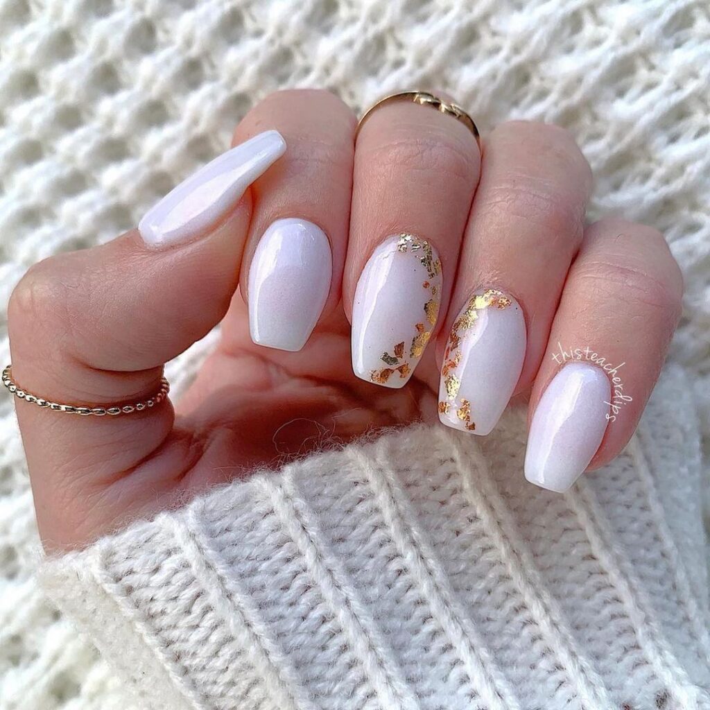 Simple White Nails With Gold Flakes