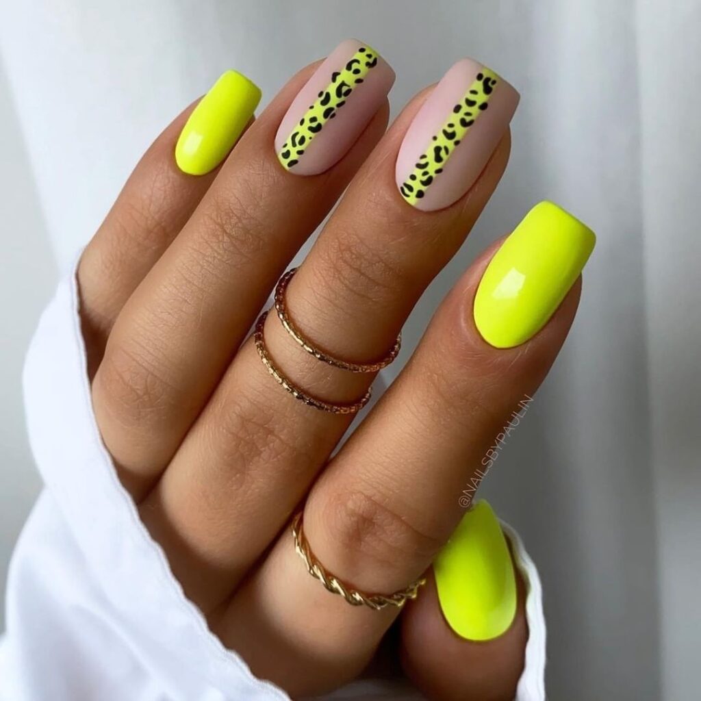Ultra Yellow Nails With Animal Prints 