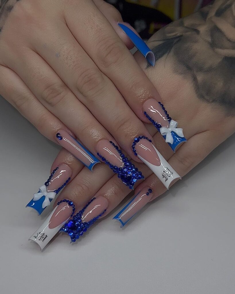 blue and white extra baddie nails