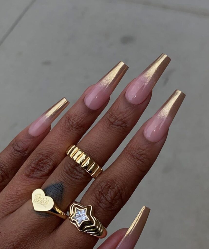 coffin shaped gold tips baddie nails