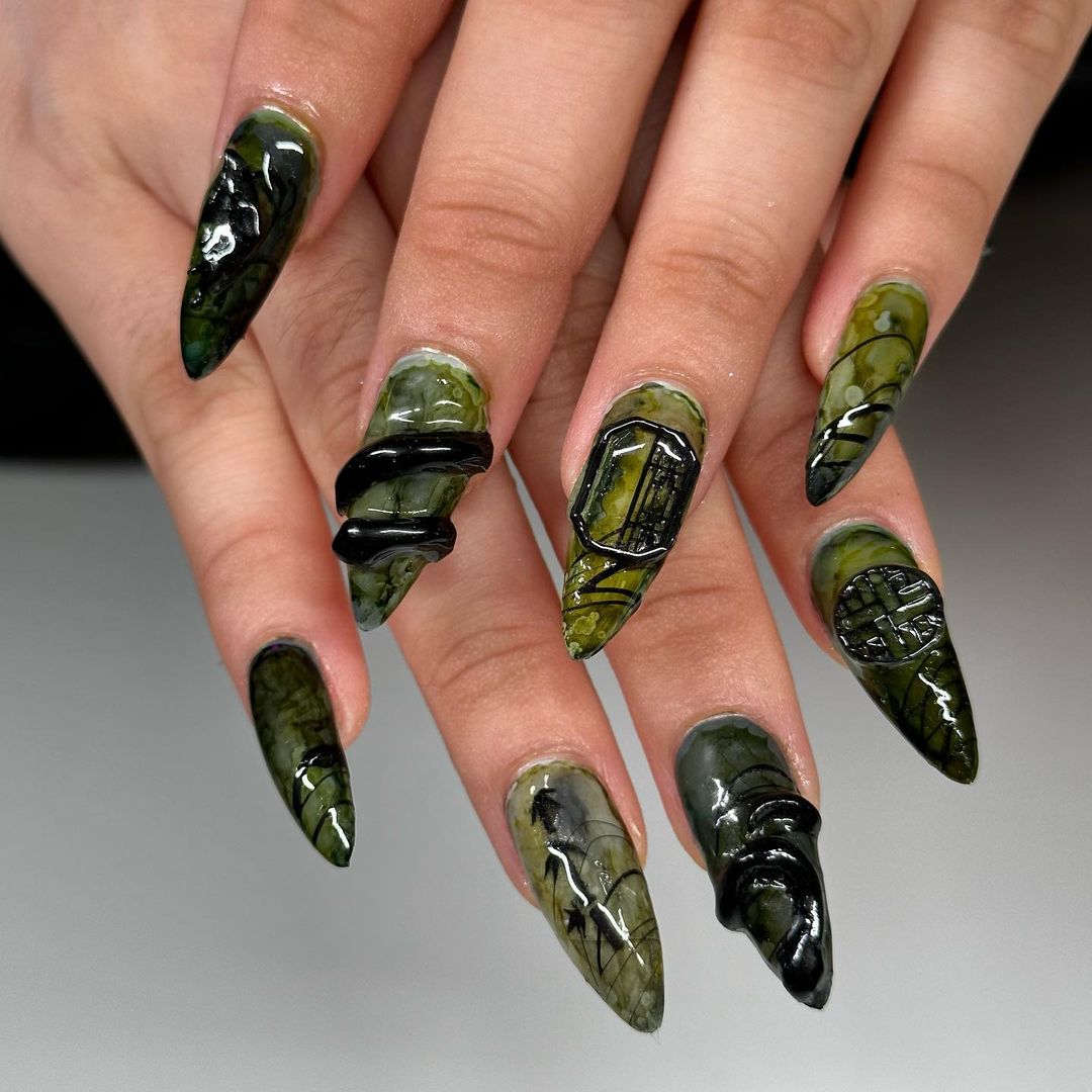 design de unhas jade escuro