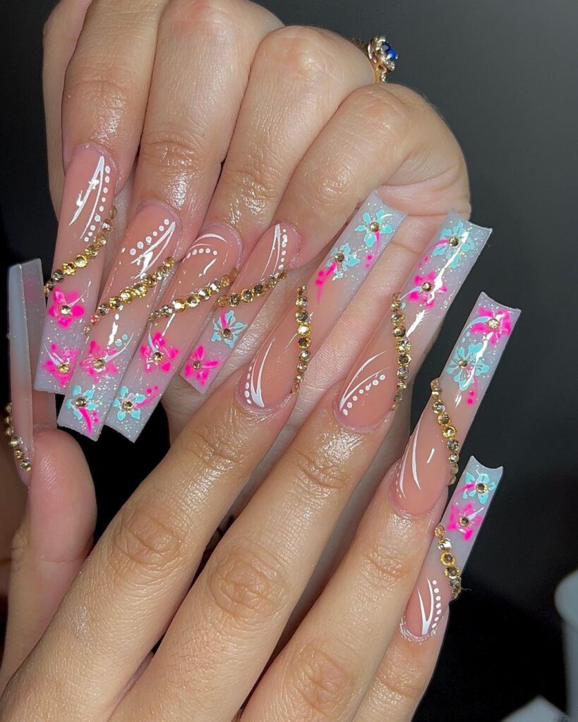 flowery baddie acrylic nails