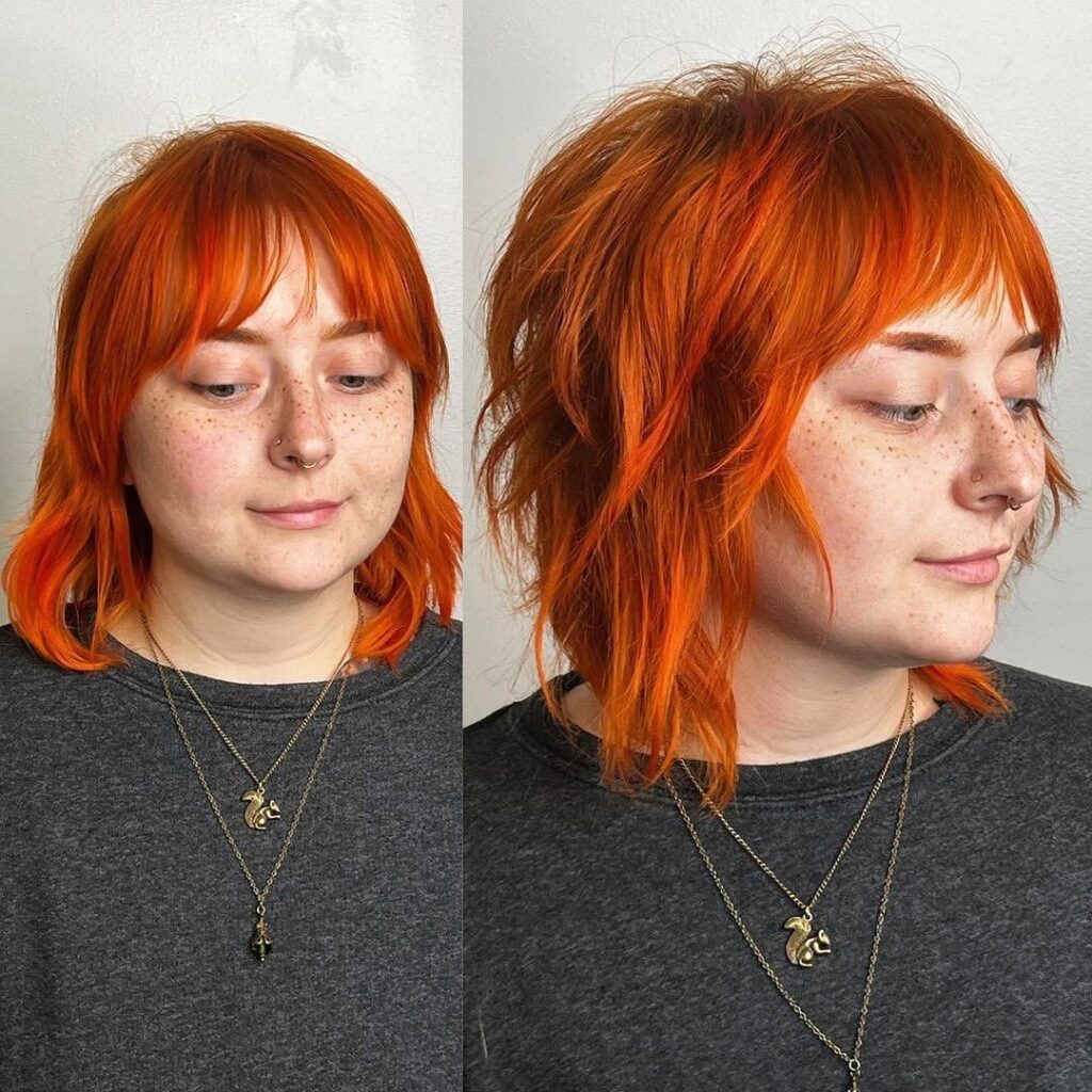 lob shaggy orange funky avec frange pour les visages ronds