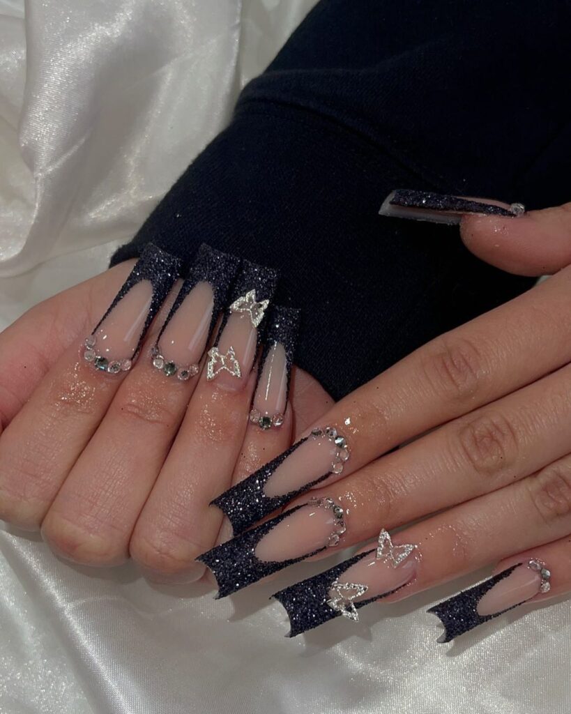 glittery black french baddie nails