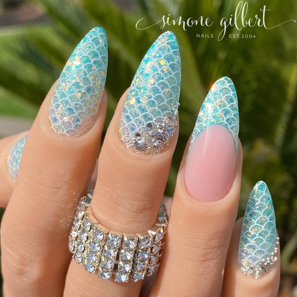 mermaid art on french tips