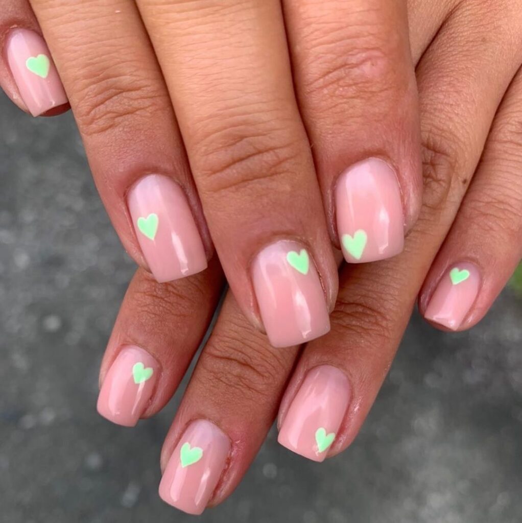 mint heart art on simple summer nails