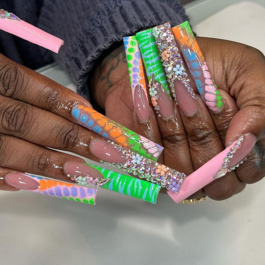 multicolored extra baddie nails