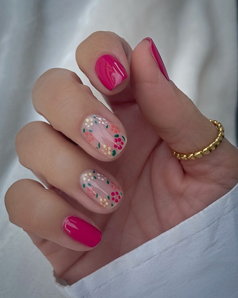 unhas de verão simples cor-de-rosa e florais