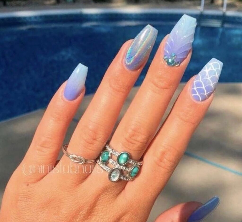 shades of blue mermaid nail art