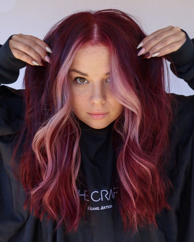 spring red hair color with pink money piece