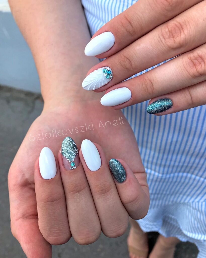 white and green mermaid nail art