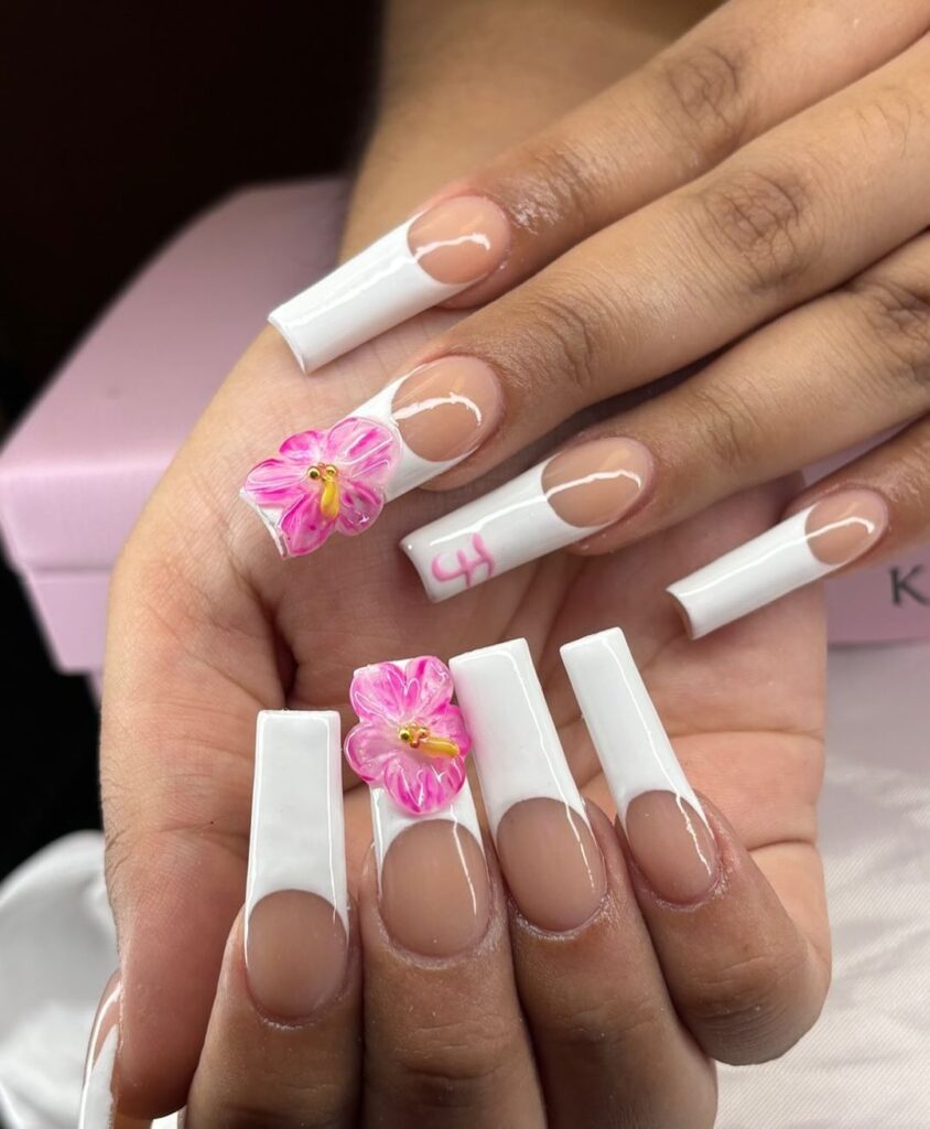 90s French tip with 3d floral nail art