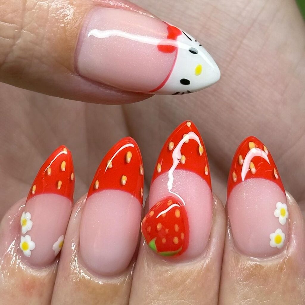 Cute Hello Kitty Strawberry Nails