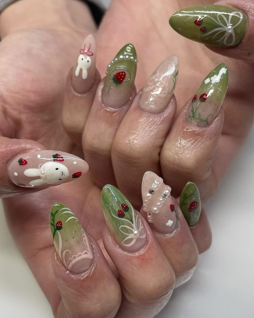 Strawberry matcha nails