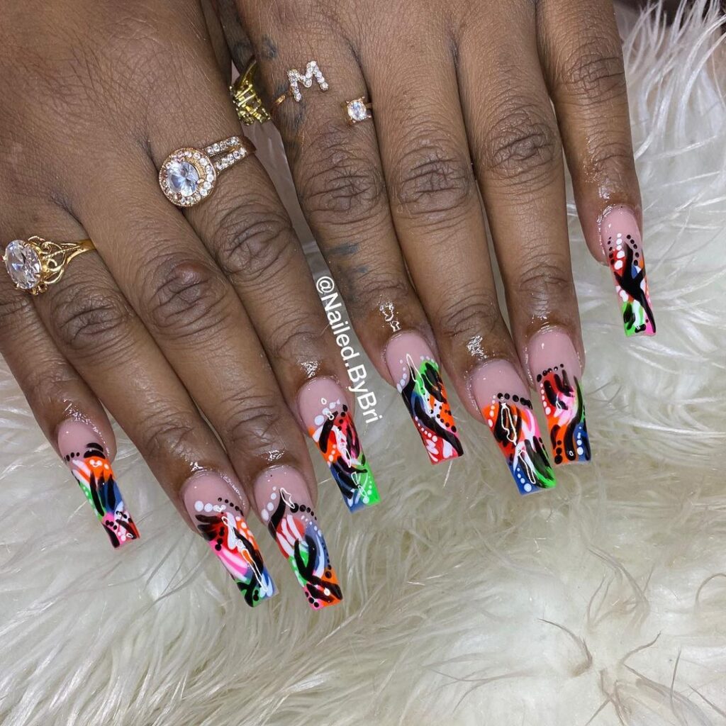 abstract rainbow 90s french nails