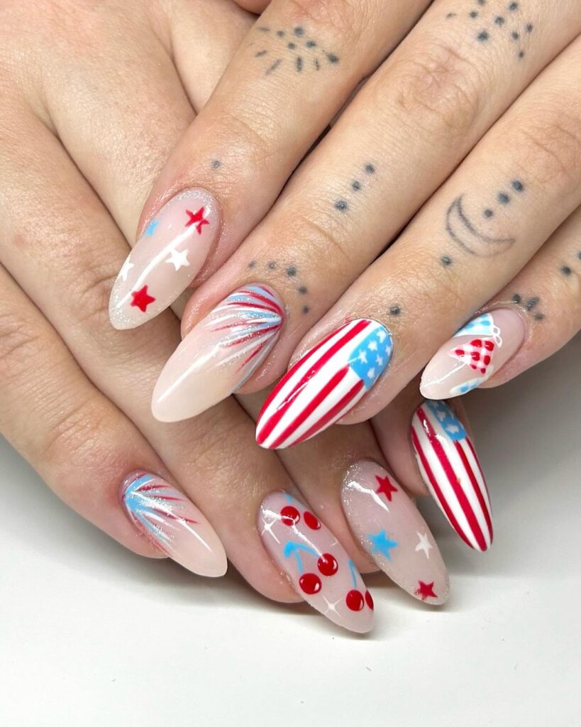 almond 4th of july nails