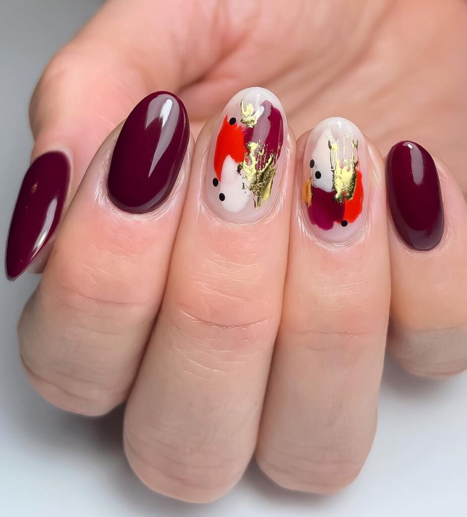 berry nails with autumn abstract art