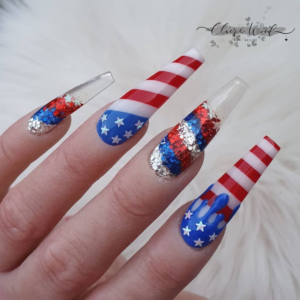 coffin shaped 4th of july nails