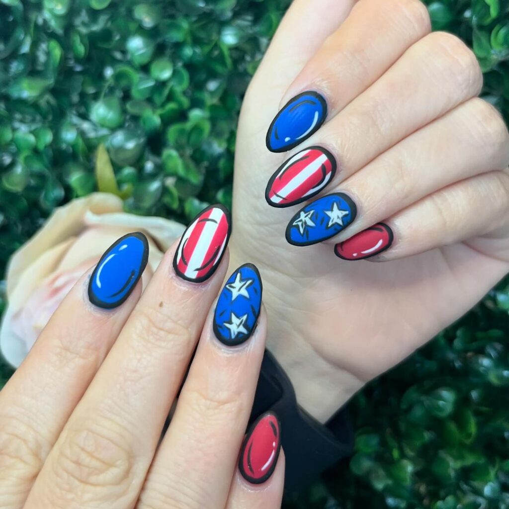 comic themed 4th of july nails