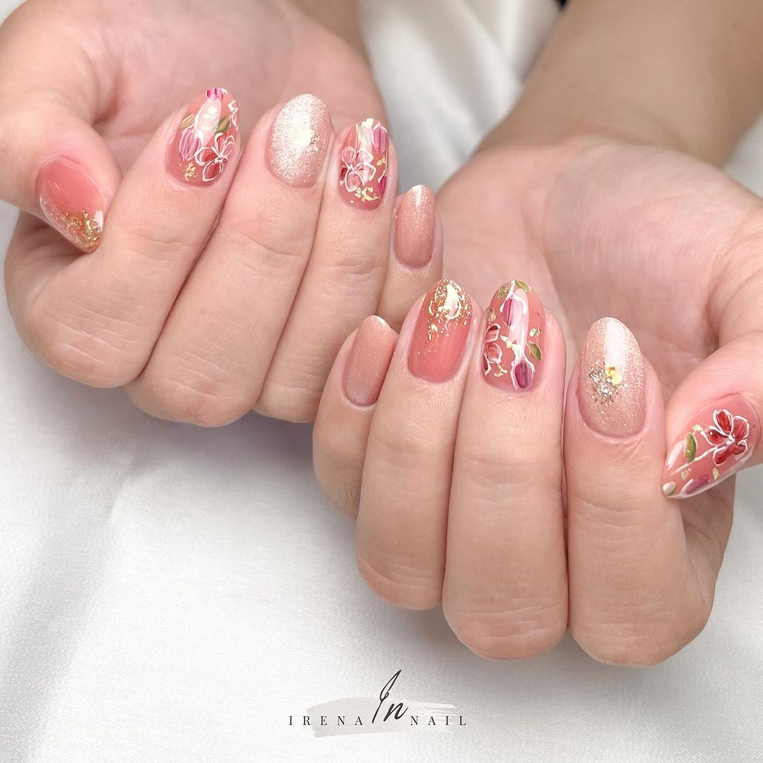 cute korean flower nails