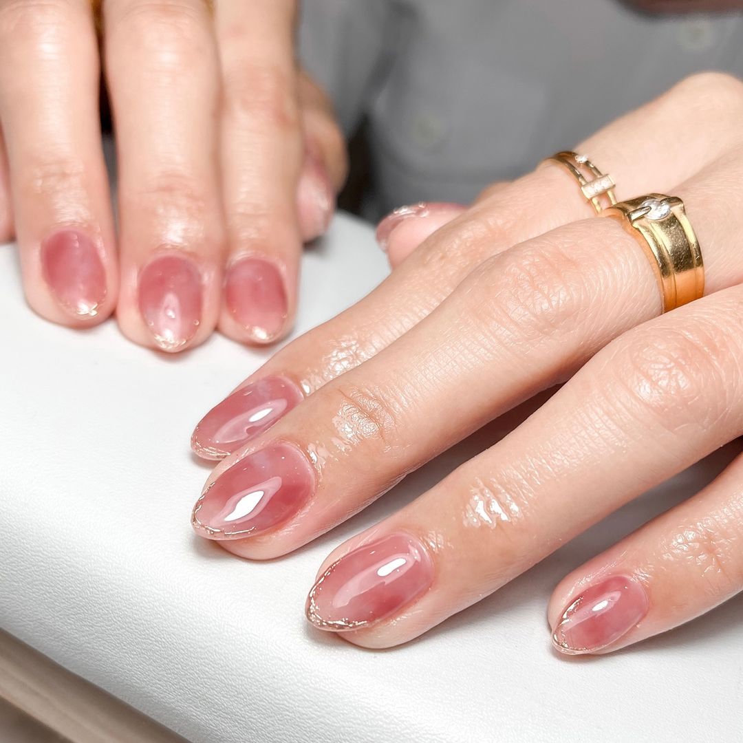 cute korean jelly nails with golden tips
