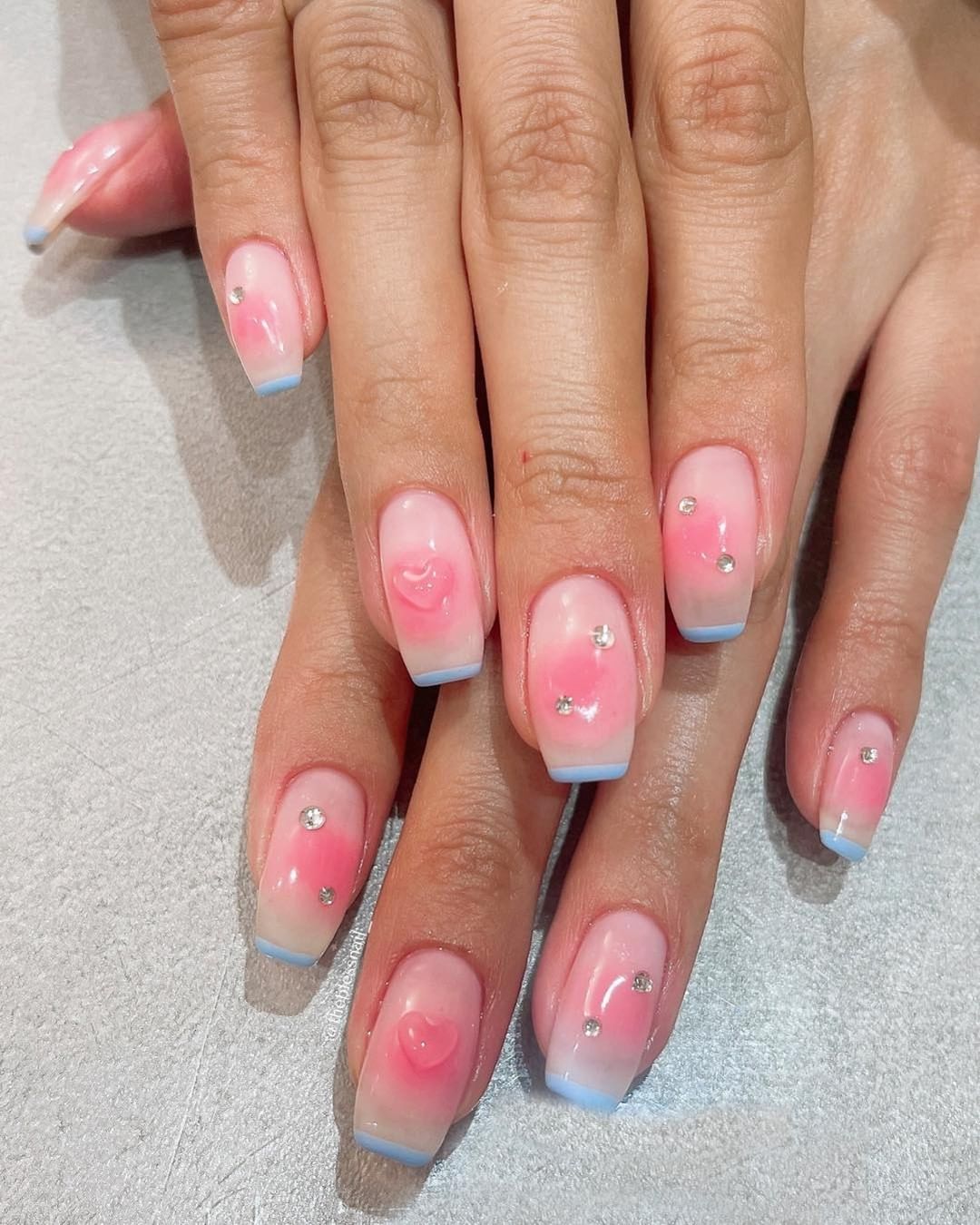cute korean nails with blue tips