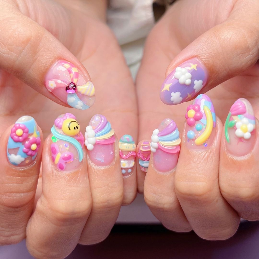 cute korean rainbow nails