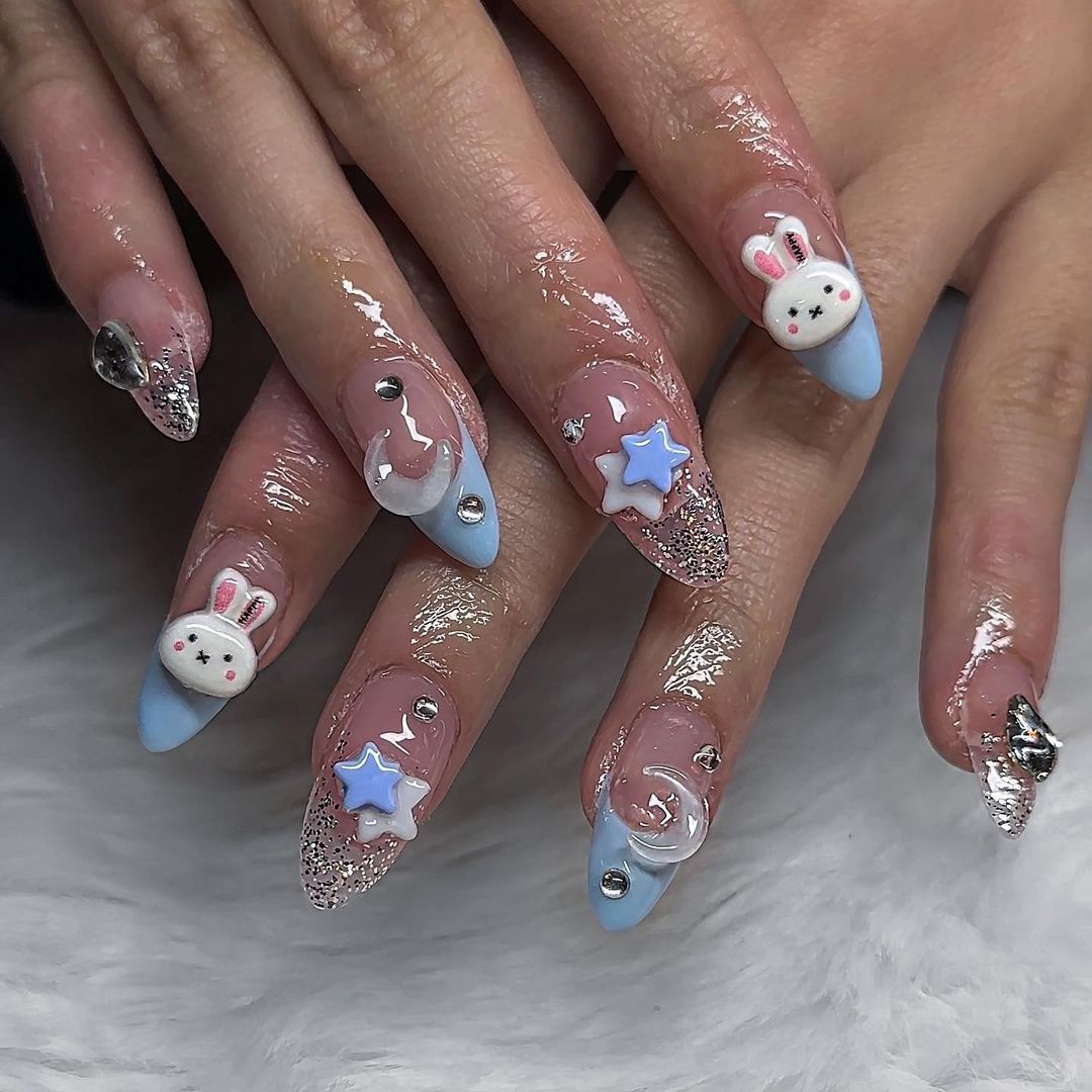 cute pastel bunny korean nails