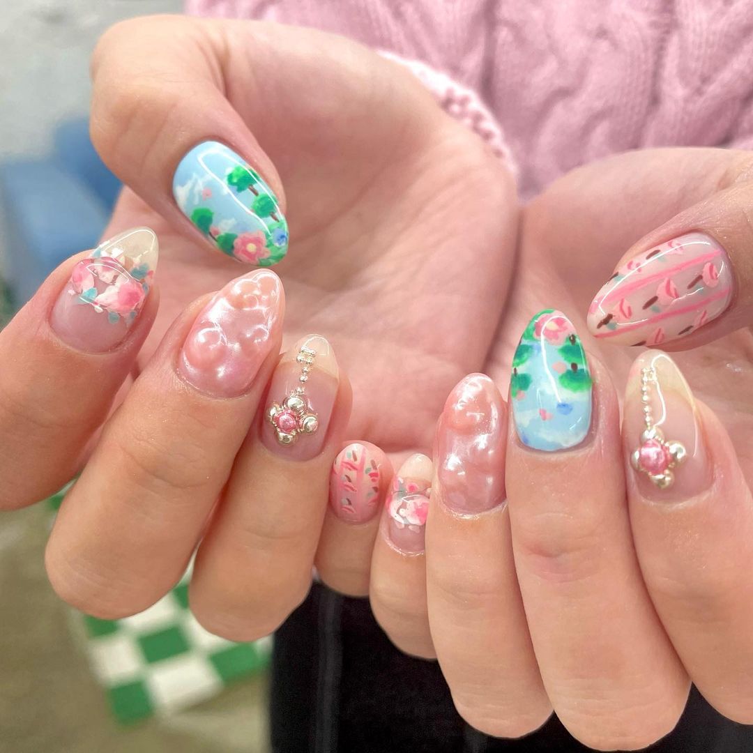 cute spring garden korean nails