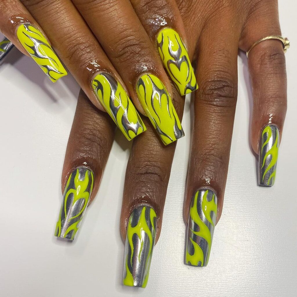 green and chrome tropical nails