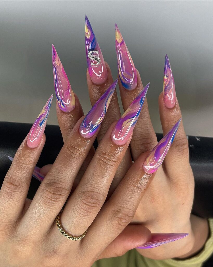 multicolored xxl stiletto marble nails