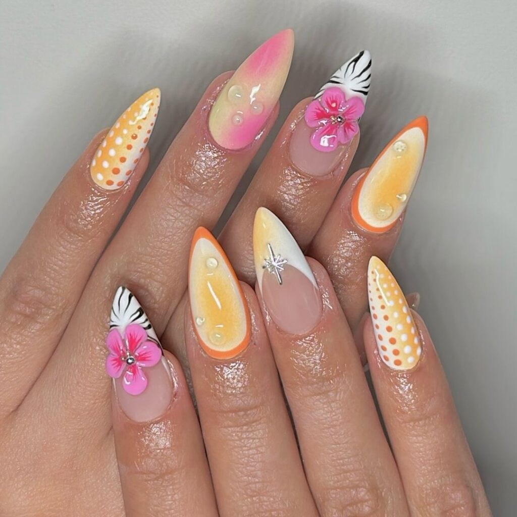 orange floral tropical nails