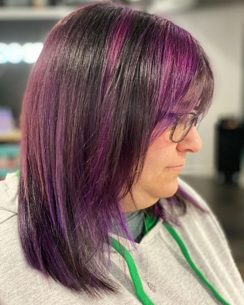 purple chunky highlights on black hair