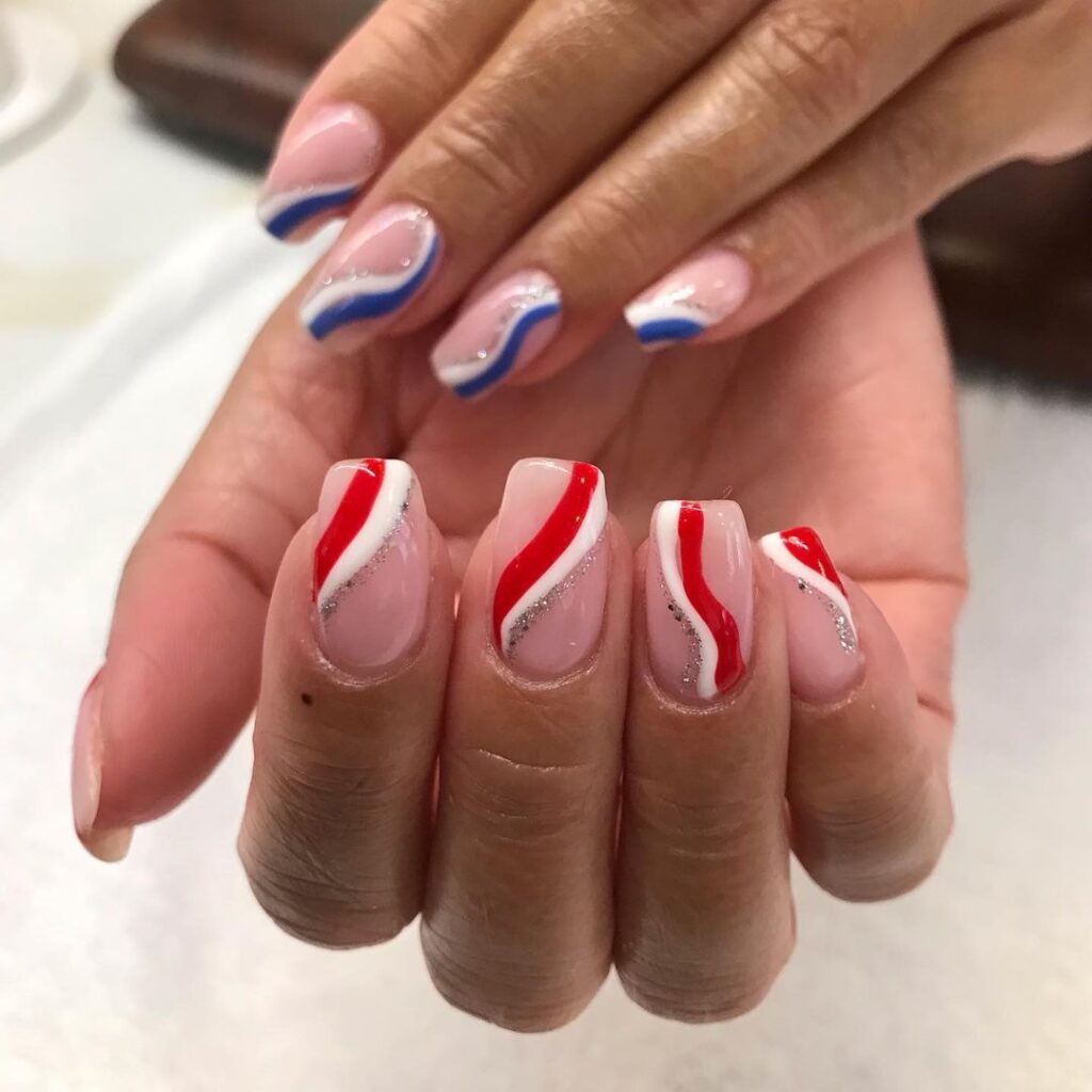 red white and blue swirls 4th of july nails