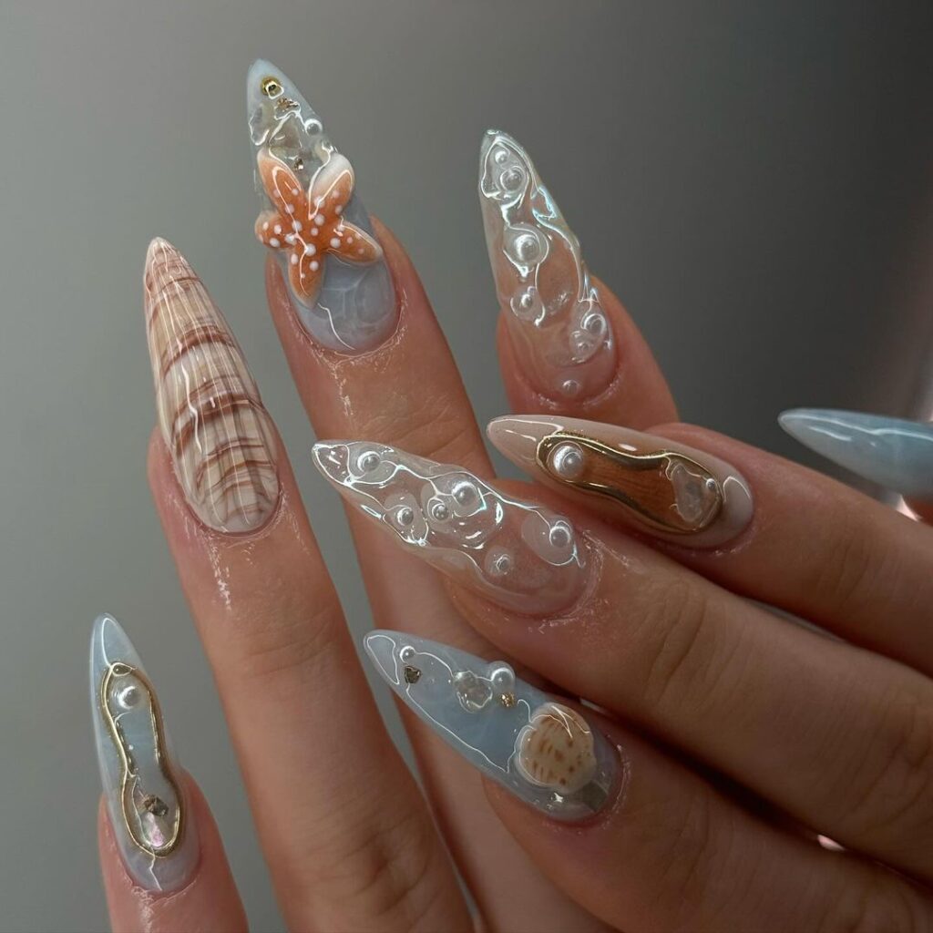 transparent beachy tropical nails